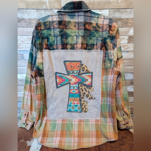 Hand Crafted Tops - Boho Southwestern Cross Graphic Upcycled Flannel Shirt
